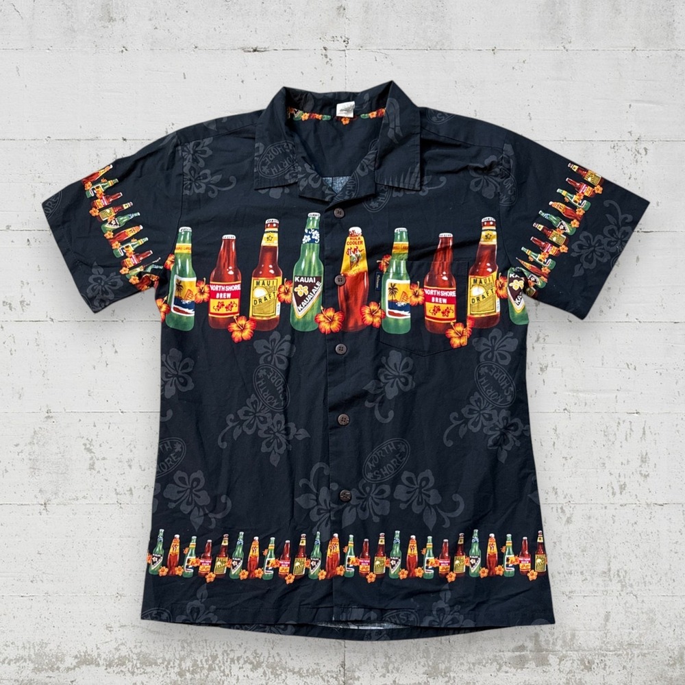 Palmwave Hawaiian‎ Aloha Shirt Men's M Black Beer Bottles Short Sleeve Button Up
